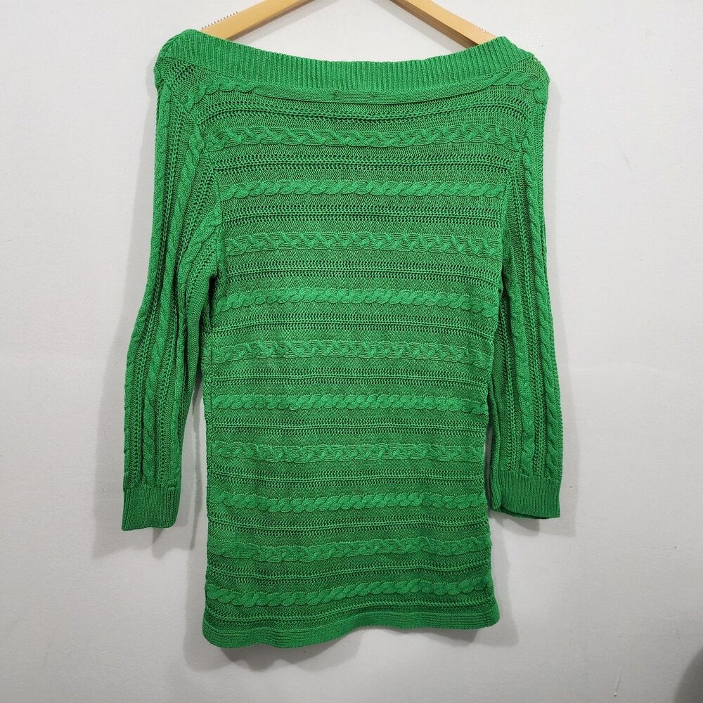 Chaps Classic Ralph Lauren Cotton Linen Cabled Sweater Kelly Green Boat Neck M